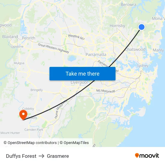 Duffys Forest to Grasmere map