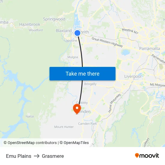 Emu Plains to Grasmere map