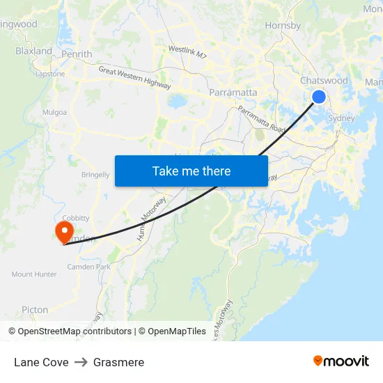 Lane Cove to Grasmere map