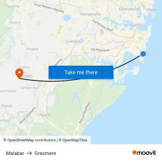 Malabar to Grasmere map
