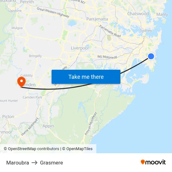 Maroubra to Grasmere map