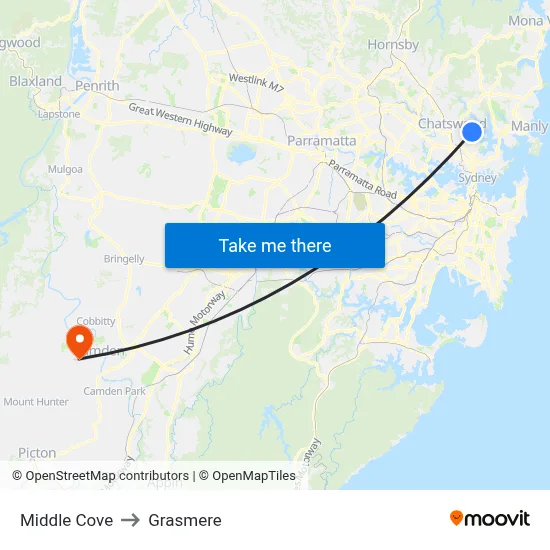 Middle Cove to Grasmere map