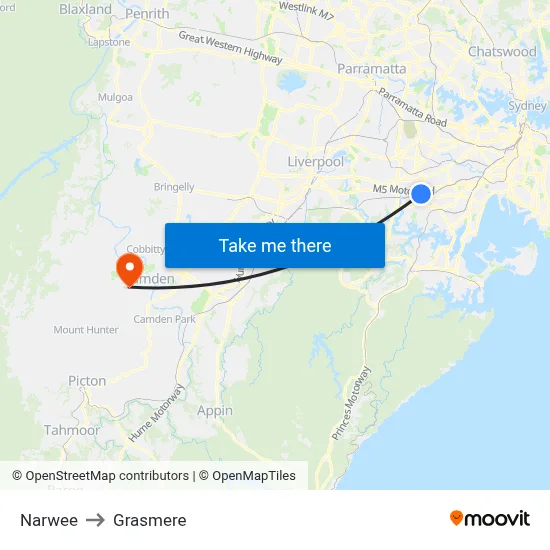 Narwee to Grasmere map