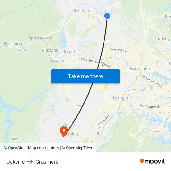 Oakville to Grasmere map