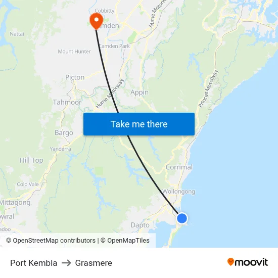 Port Kembla to Grasmere map