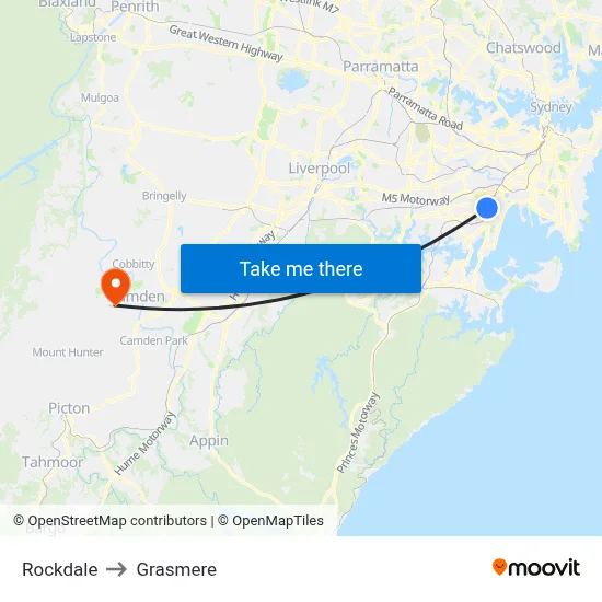 Rockdale to Grasmere map