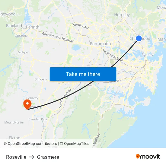 Roseville to Grasmere map