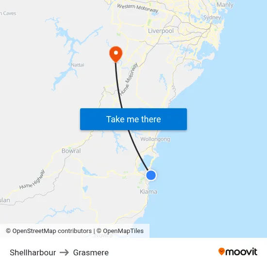 Shellharbour to Grasmere map