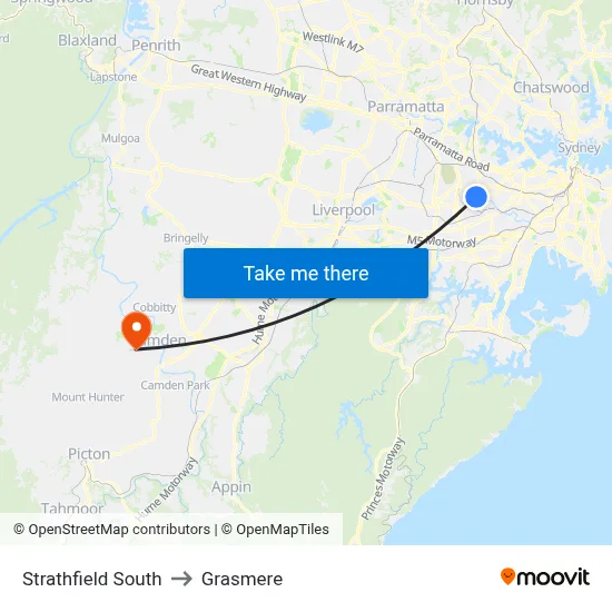 Strathfield South to Grasmere map