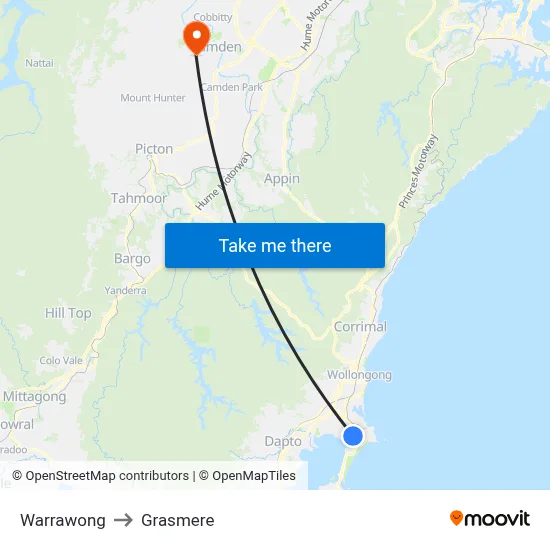 Warrawong to Grasmere map