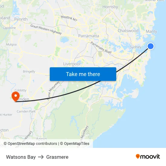 Watsons Bay to Grasmere map