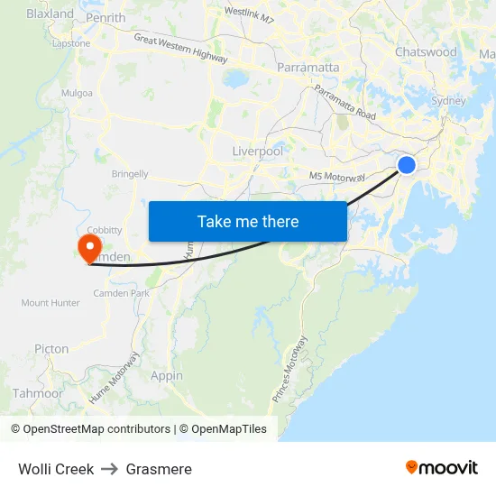 Wolli Creek to Grasmere map