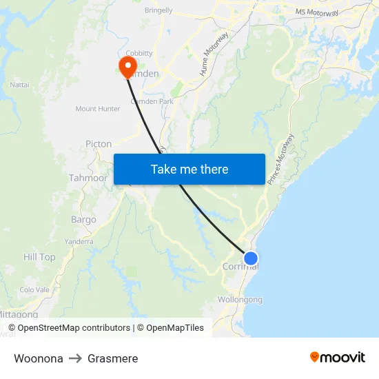 Woonona to Grasmere map