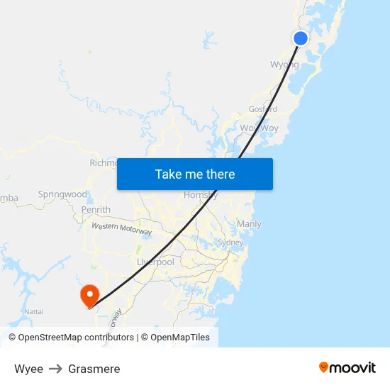 Wyee to Grasmere map