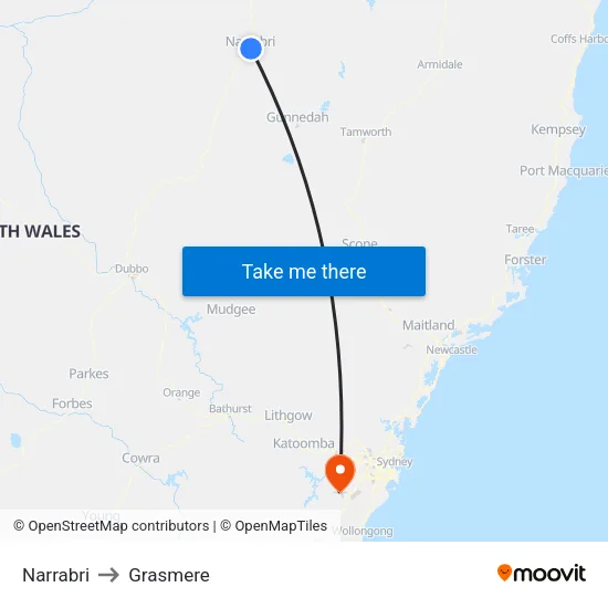 Narrabri to Grasmere map