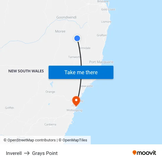 Inverell to Grays Point map