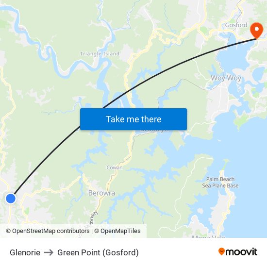 Glenorie to Green Point (Gosford) map