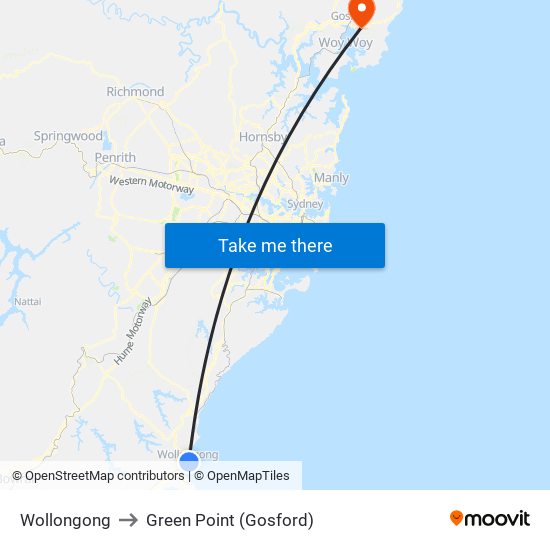 Wollongong to Green Point (Gosford) map