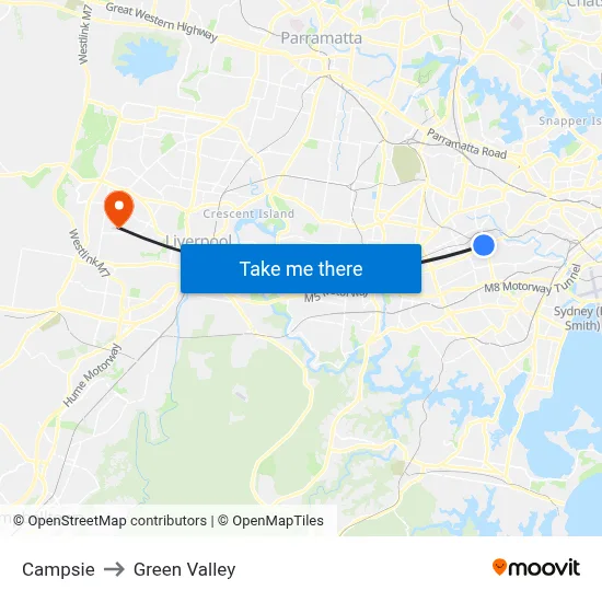 Campsie to Green Valley map