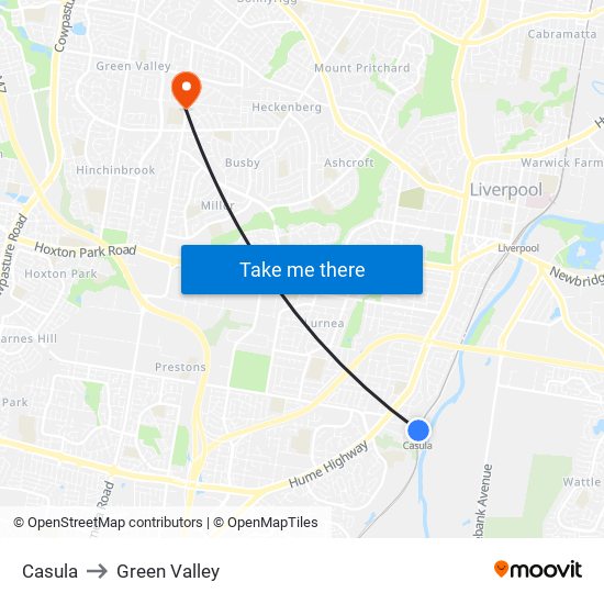 Casula to Green Valley map