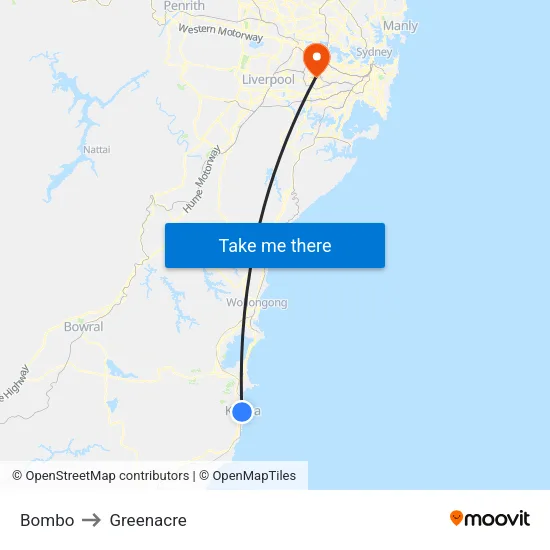 Bombo to Greenacre map