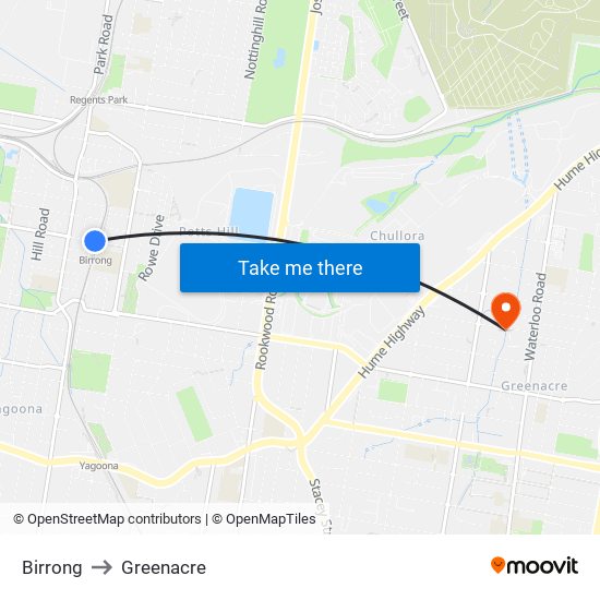 Birrong to Greenacre map