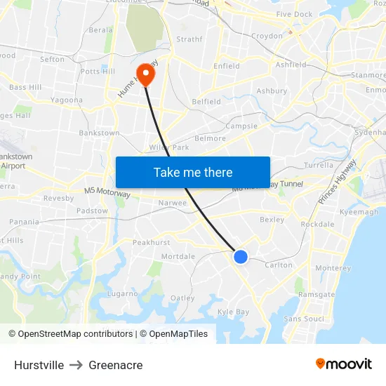 Hurstville to Greenacre map