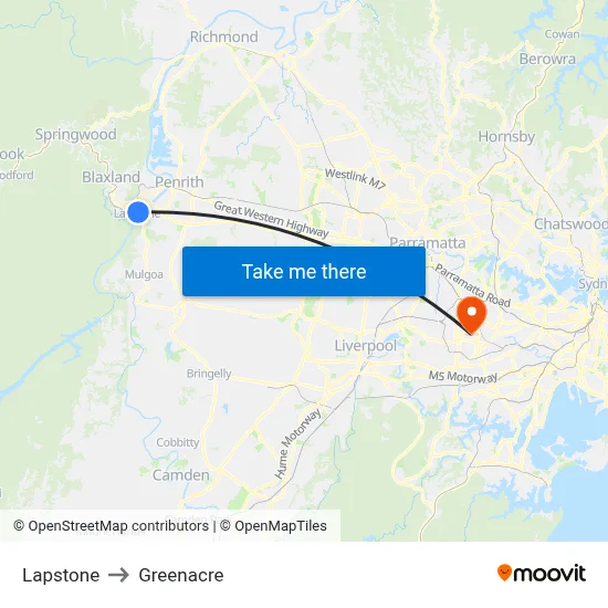 Lapstone to Greenacre map