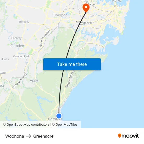 Woonona to Greenacre map