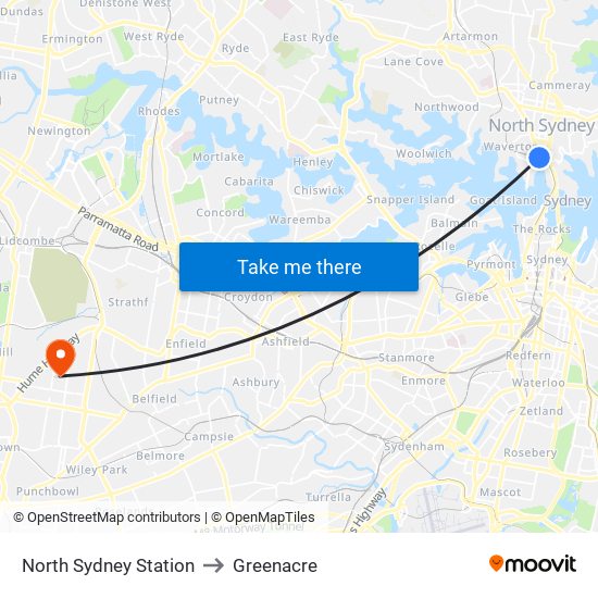 North Sydney Station to Greenacre map