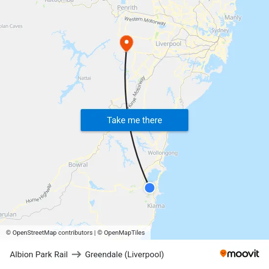 Albion Park Rail to Greendale (Liverpool) map