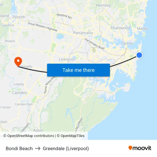 Bondi Beach to Greendale (Liverpool) map
