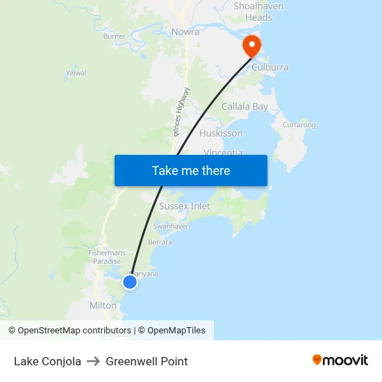 Lake Conjola to Greenwell Point map