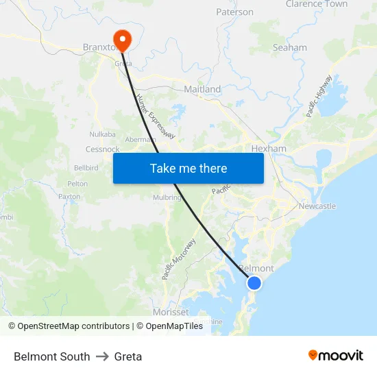 Belmont South to Greta map