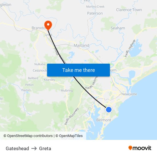 Gateshead to Greta map