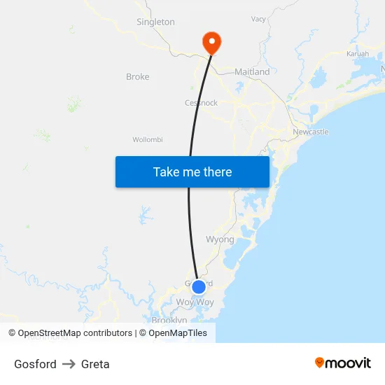 Gosford to Greta map