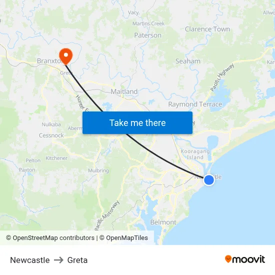 Newcastle to Greta map