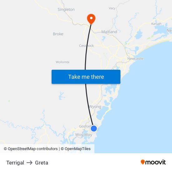 Terrigal to Greta map
