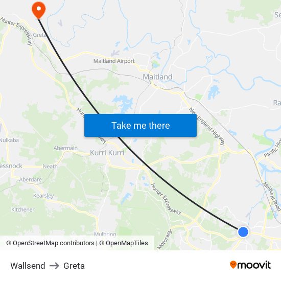 Wallsend to Greta map