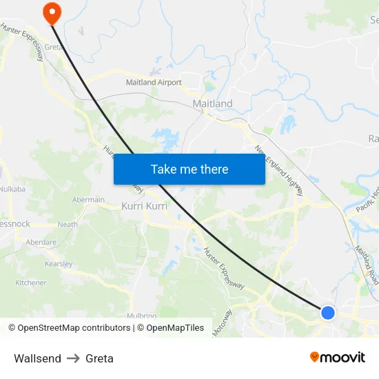 Wallsend to Greta map
