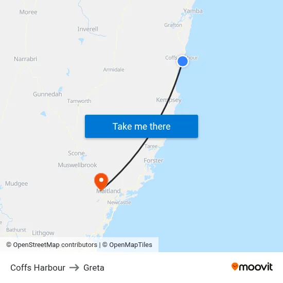 Coffs Harbour to Greta map