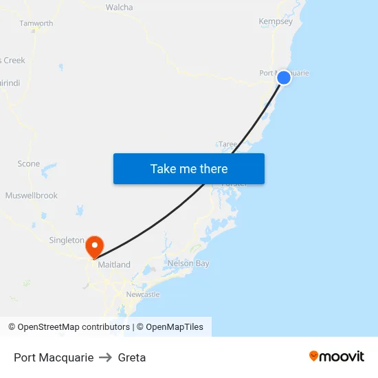 Port Macquarie to Greta map