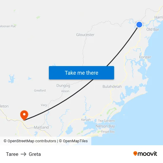 Taree to Greta map