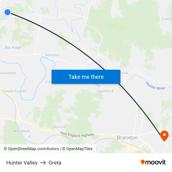 Hunter Valley to Greta map
