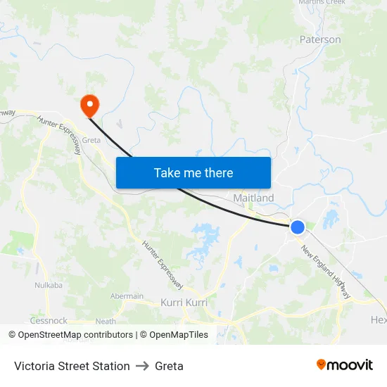 Victoria Street Station to Greta map