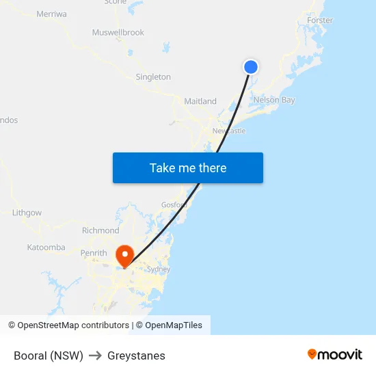 Booral (NSW) to Greystanes map