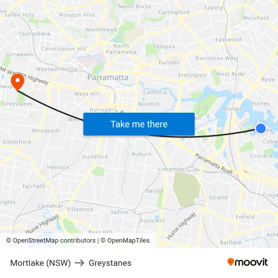 Mortlake (NSW) to Greystanes map