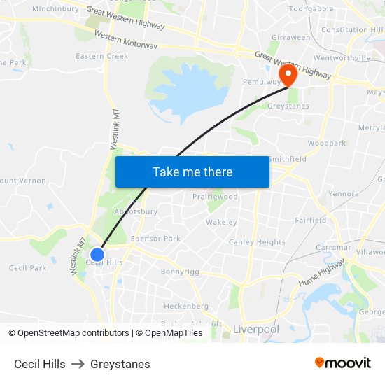 Cecil Hills to Greystanes map