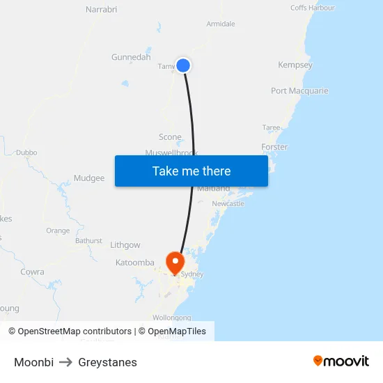 Moonbi to Greystanes map