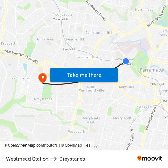 Westmead Station to Greystanes map